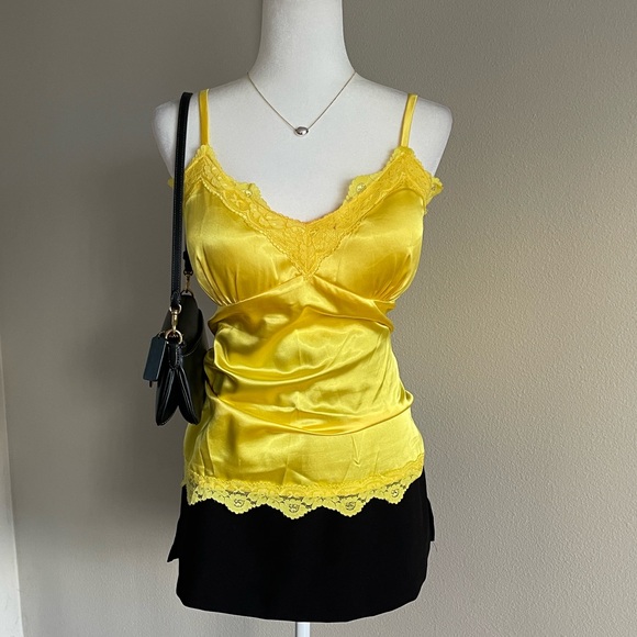 Dots Tops - Yellow Satin Lace Trim Cami Top Size XL